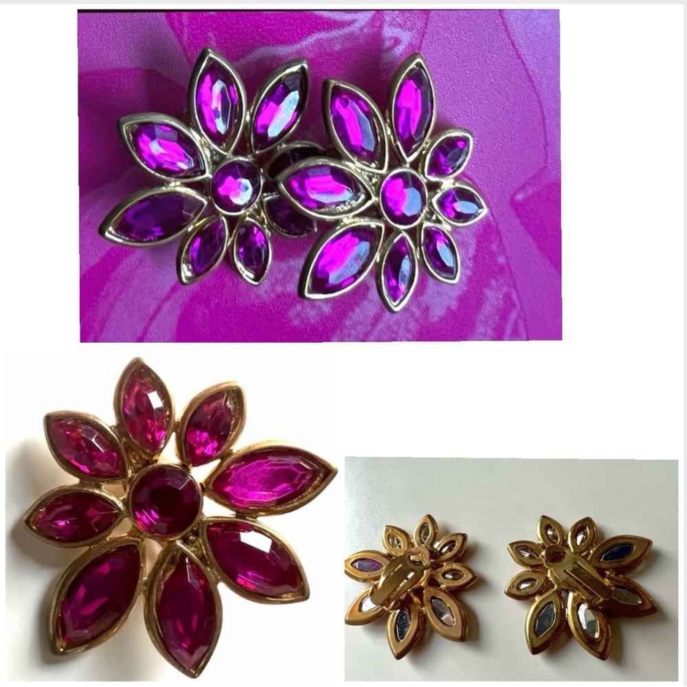 Vintage disco era hot pink stars-like zirconia clipped earrings - Picture 14 of 14